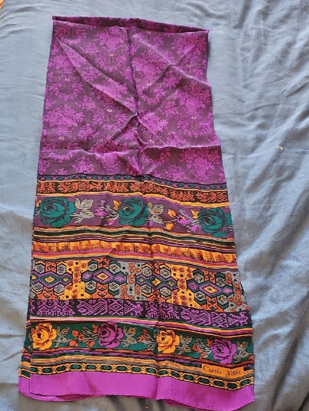 Carole Little 100% Silk Purple Floral Border Cover-Up Scarf Shawl